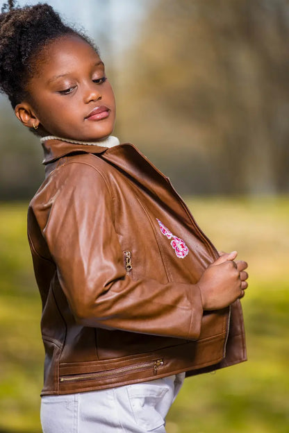 Kids' Tan Faux Leather Jacket with Floral Embroidery | Stylish & Warm - Yotty Boutik