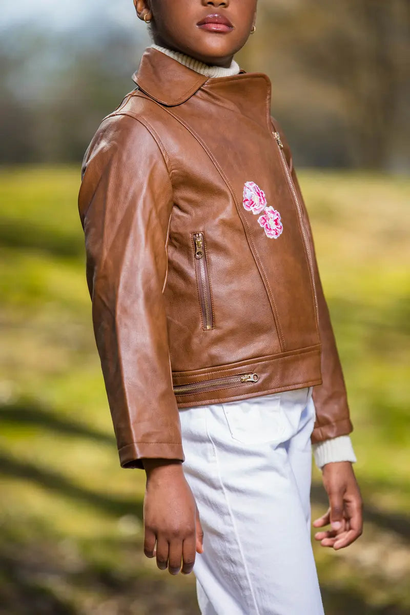 Kids' Tan Faux Leather Jacket with Floral Embroidery | Stylish & Warm - Yotty Boutik