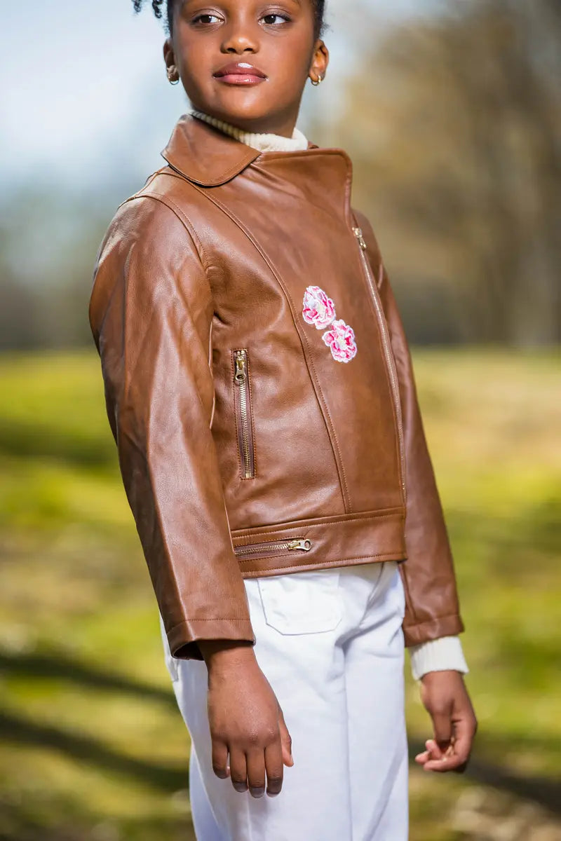 Kids' Tan Faux Leather Jacket with Floral Embroidery | Stylish & Warm - Yotty Boutik