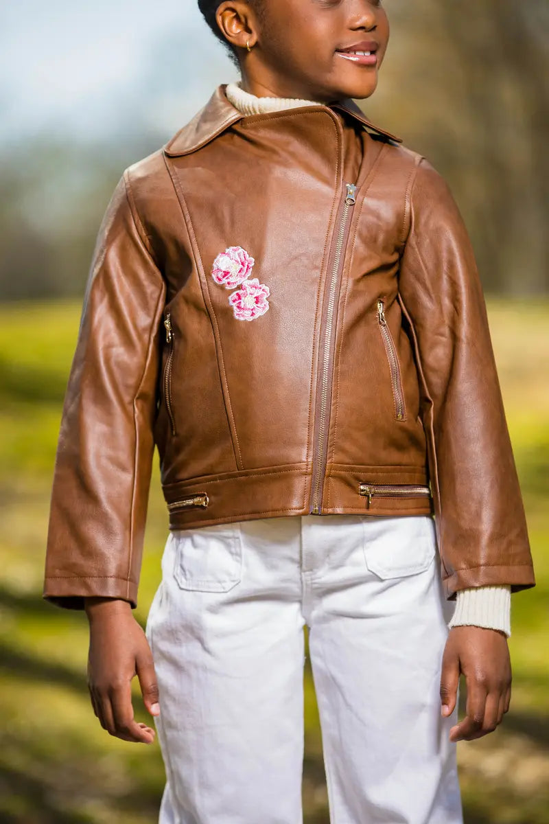 Kids' Tan Faux Leather Jacket with Floral Embroidery | Stylish & Warm - Yotty Boutik