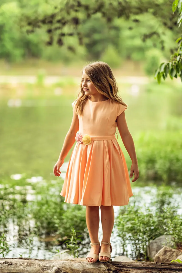 Girls Salmon Dress with Flower Belt - Yotty Boutik