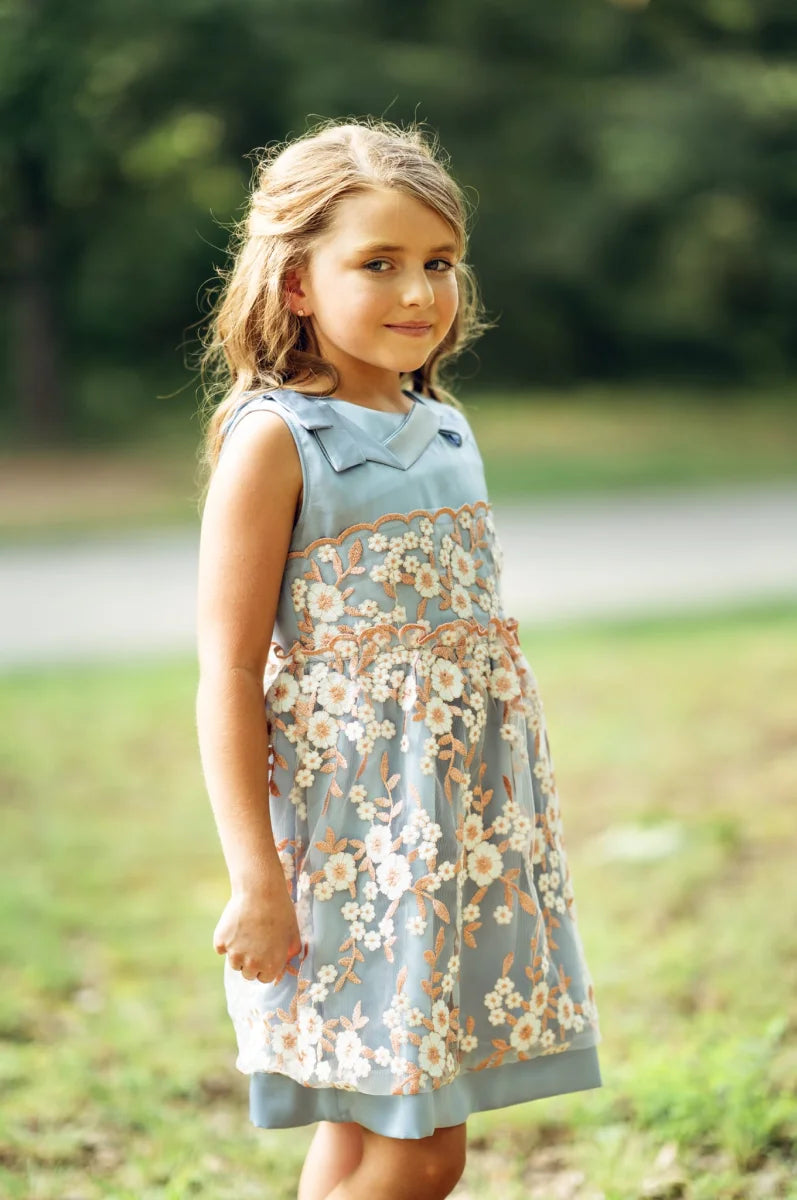 Blue Embroidered Flower Dress with Neck Ribbon - Yotty Boutik