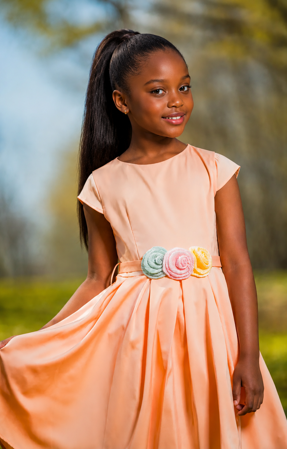 Salmon Pink Dress with Floral Belt - Yotty Boutik