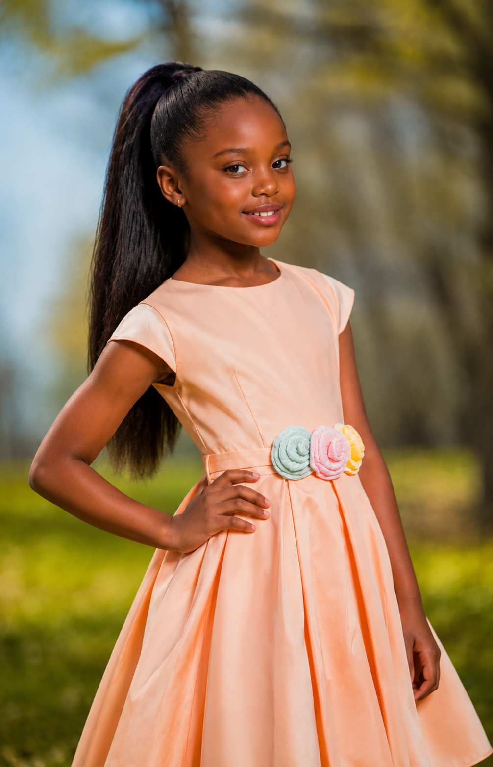 Salmon Pink Dress with Floral Belt - Yotty Boutik