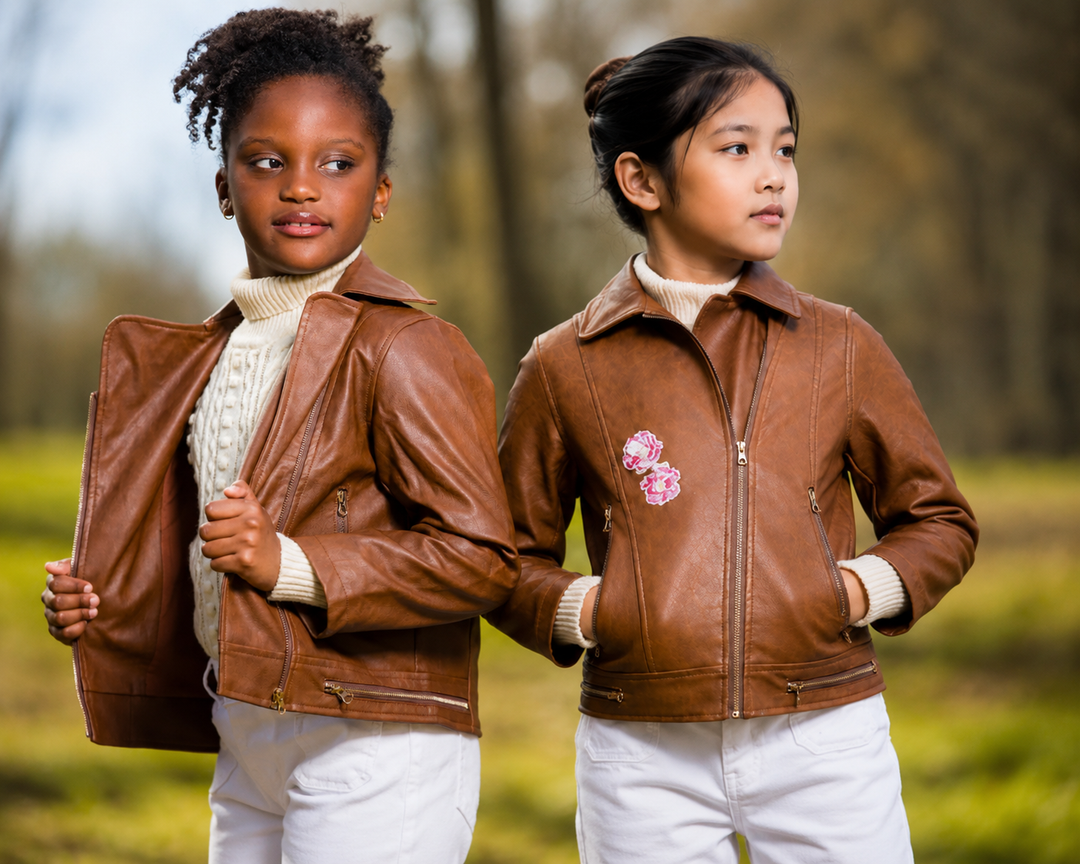 Tan Faux Leather Jacket with Floral Embroidery - Yotty Boutik