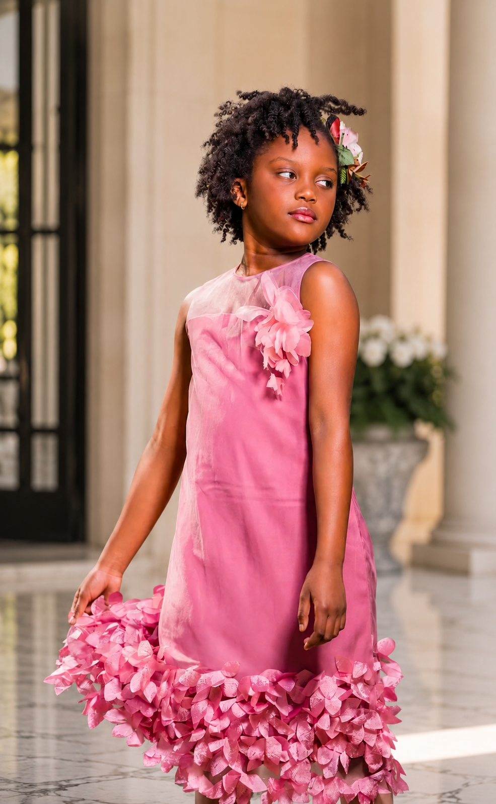 A girl wearing a pink organza princess dress for girls with floral embellishments, showcasing elegance and charm.