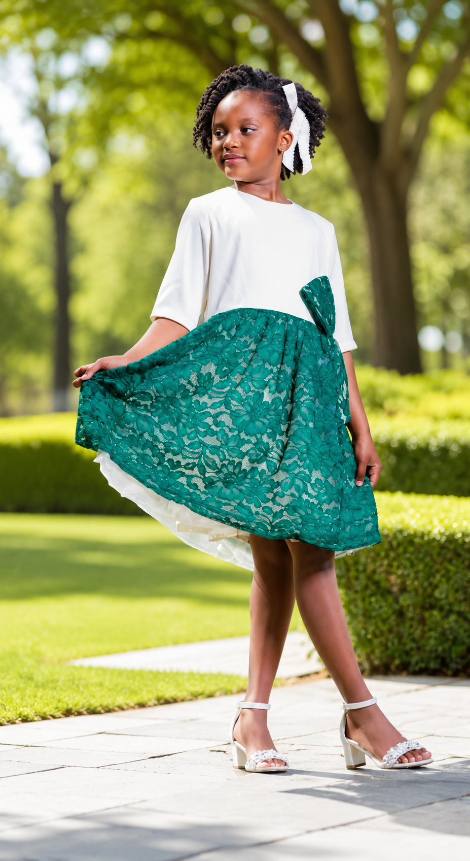 A girl wearing a white teal blouson party dress with lace detailing, standing in a garden, showcasing elegance and style.