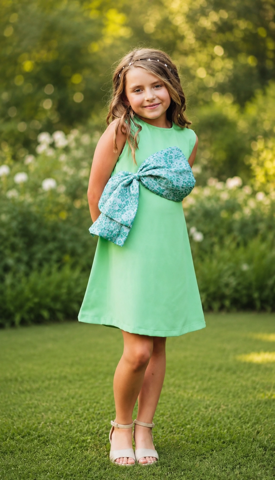 olive green party dress with cyan bow worn by a girl standing in a garden with greenery in the background.