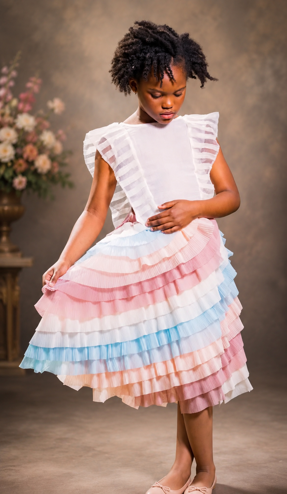 A young girl wearing an elegant layered ruffle skirt, showcasing a pastel colored layered design and sophistication.