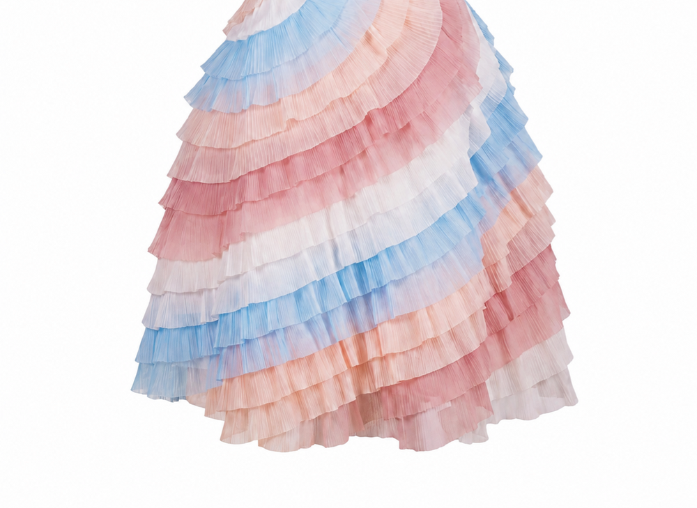 Elegant layered ruffle skirt featuring multiple colorful layers in shades of pink and blue.