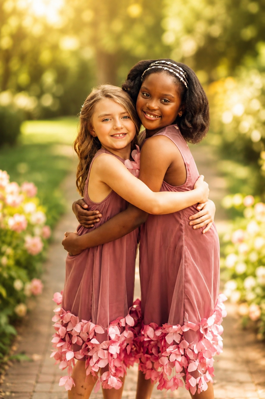 Two girls wearing pink organza princess dress for girls with floral embellishments, hugging amid a floral path.