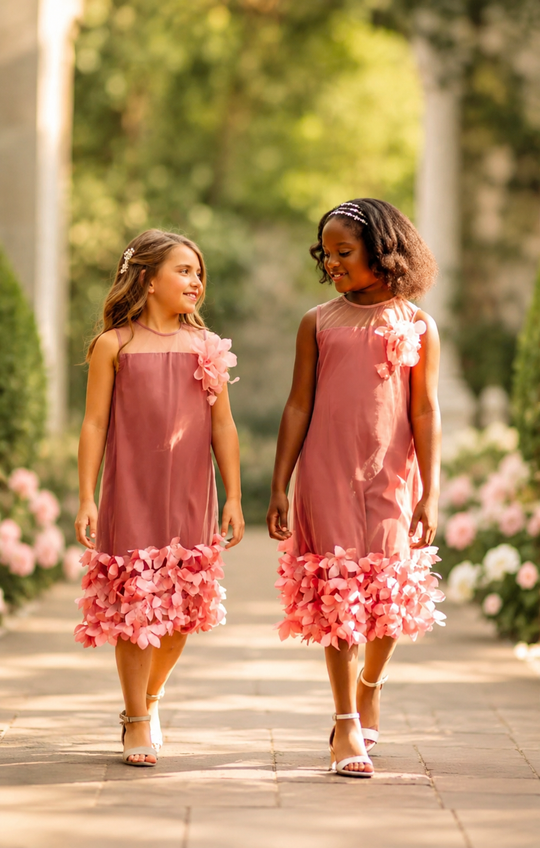 Two girls wearing a pink organza princess dress for girls with floral embellishments walking together in a garden.