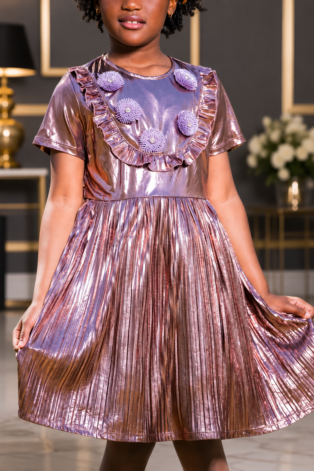 Metallic Pink Party Dress with Asymmetrical Hem - Yotty Boutik