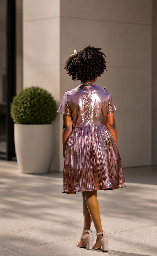 Metallic Pink Party Dress with Asymmetrical Hem - Yotty Boutik