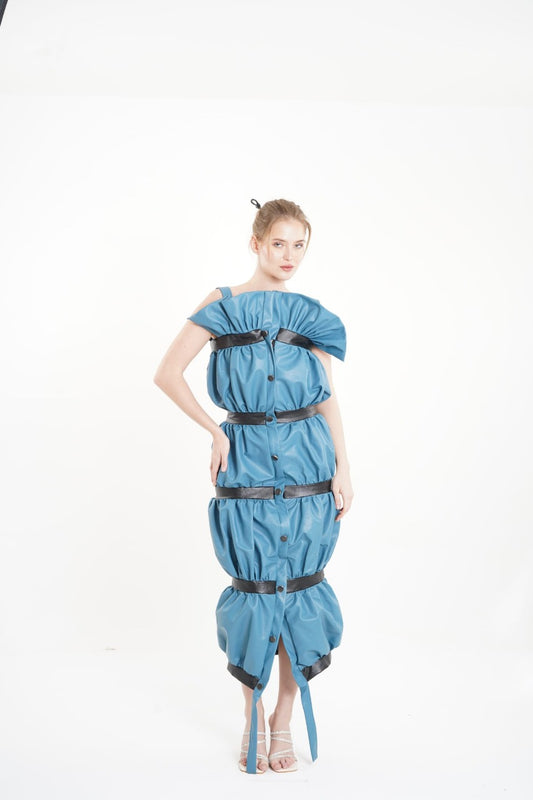 Artemis Blue Balloon Leather Dress by Yotty  (Inspired by Artemis, the goddess of boldness and elegance)