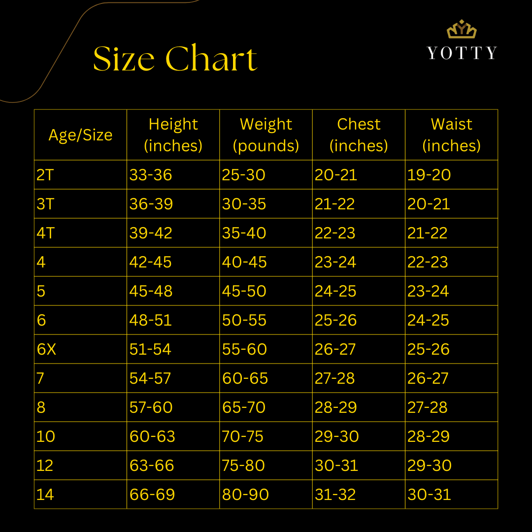 Yotty Boutik size chart detailing measurements for various ages and sizes for accurate fitting.