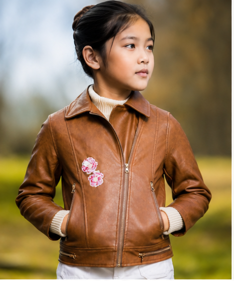 Tan Faux Leather Jacket with Floral Embroidery - Yotty Boutik