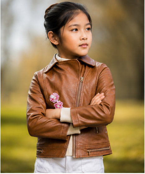 Tan Faux Leather Jacket with Floral Embroidery - Yotty Boutik