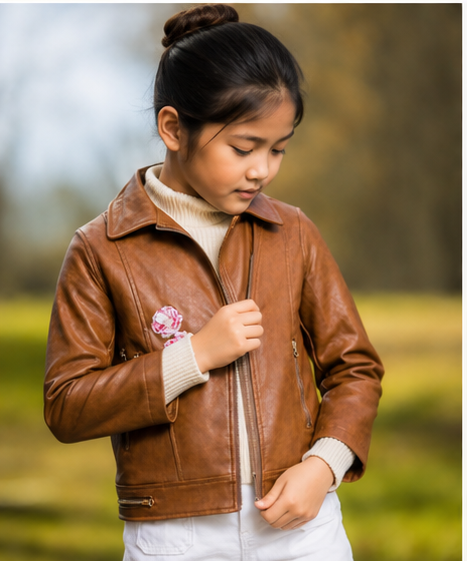 Tan Faux Leather Jacket with Floral Embroidery - Yotty Boutik