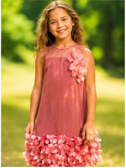Pink organza princess dress for girls with floral embellishments, perfect for special occasions.