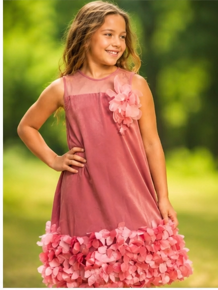 pink organza princess dress for girls with floral embellishments, perfect for special occasions.