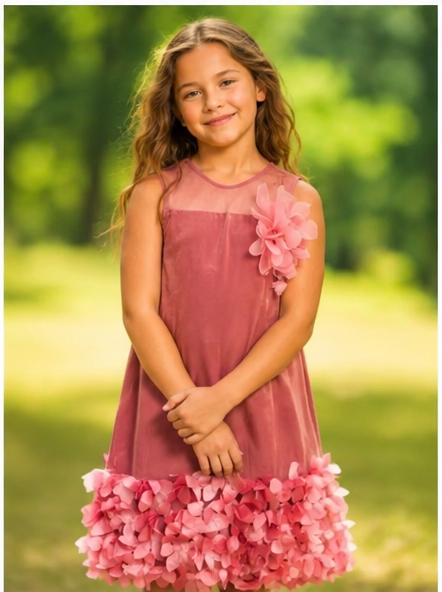 pink organza princess dress for girls with floral embellishments, perfect for special occasions.