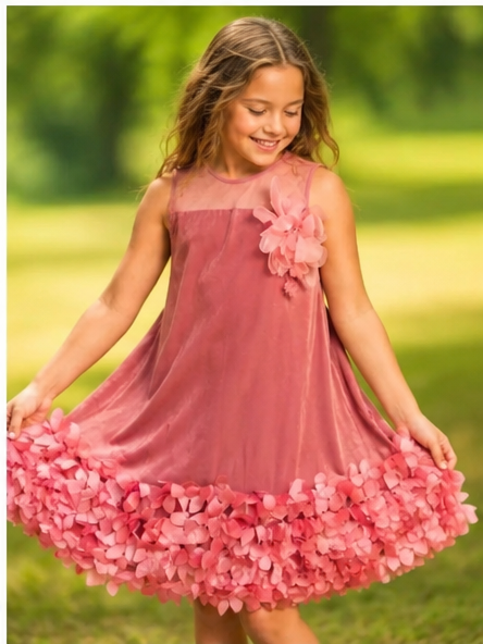 pink organza princess dress for girls with floral embellishments worn by a smiling girl in a natural outdoor setting.