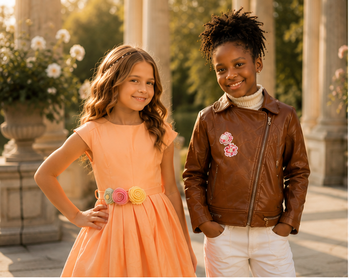 Two girls smiling in a salmon pink dress with floral belt and a brown leather jacket, showcasing stylish children&