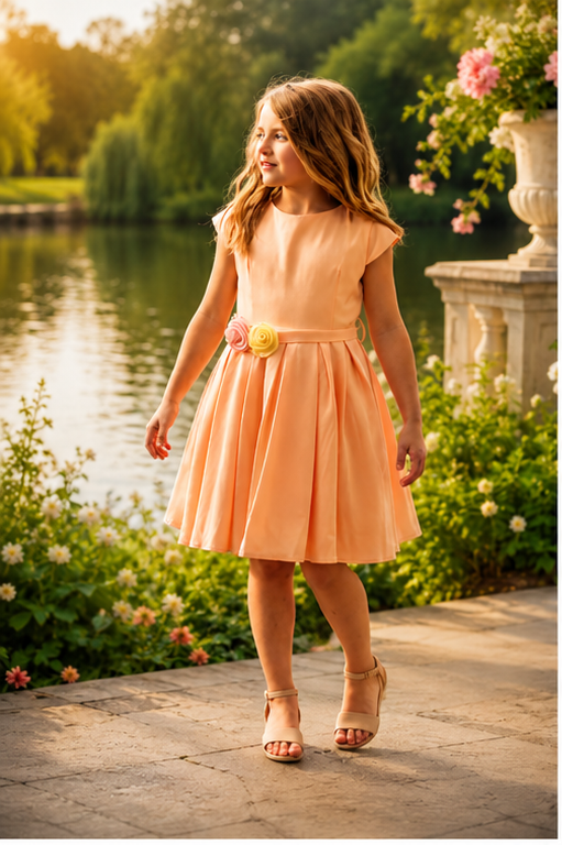 Salmon Pink Dress with Floral Belt - Yotty Boutik