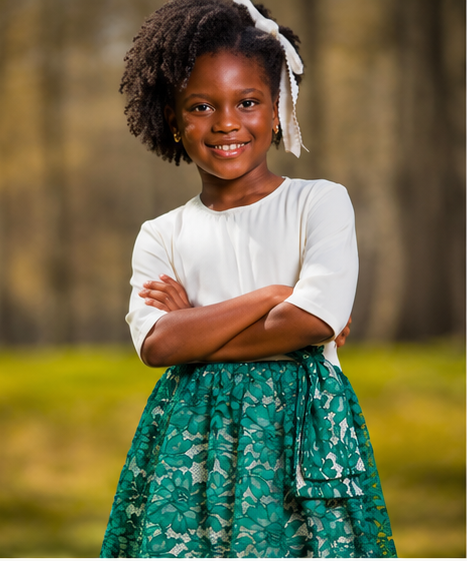Smiling girl in a white top and green lace skirt posing outdoors with arms crossed. white teal blouson party dress