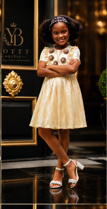 gold asymmetrical party dress - Yotty Boutik worn by a young girl with curls in a luxurious setting.