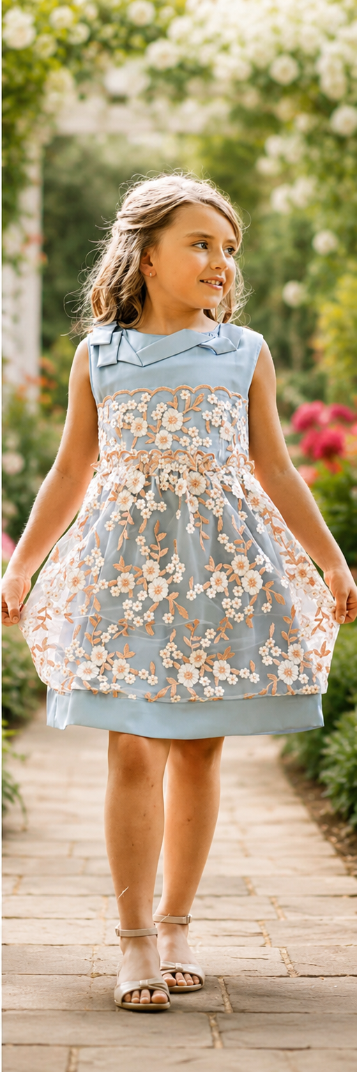 Blue Embroidered Flower Dress - Yotty Boutik