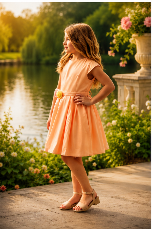 Salmon Pink Dress with Floral Belt - Yotty Boutik