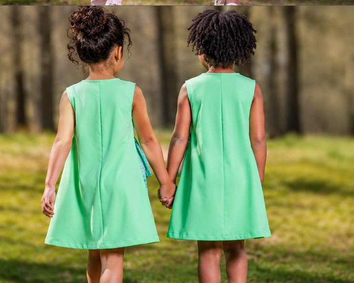 Two girls holding hands wearing olive green party dress with cyan bow, standing in a grassy outdoor setting.