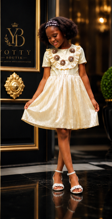 Gold asymmetrical party dress for girls with a pleated skirt and decorative neckline, perfect for special occasions.